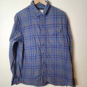 REI Cooperative Shirt Men Medium Blue Orange Plaid Long Sleeve Button Up Outdoor